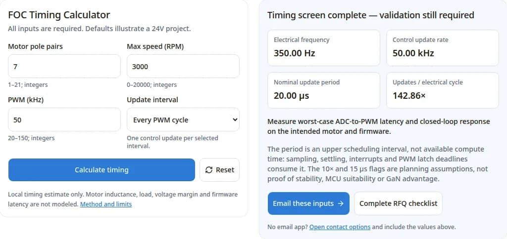FOC timing calculator with 7 pole pairs, 3000 RPM and 50 kHz PWM showing 350 Hz electrical frequency and a 20 microsecond update period
